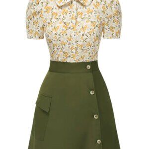 Green Midi Skirt+Floral Short Sleeve Blouse